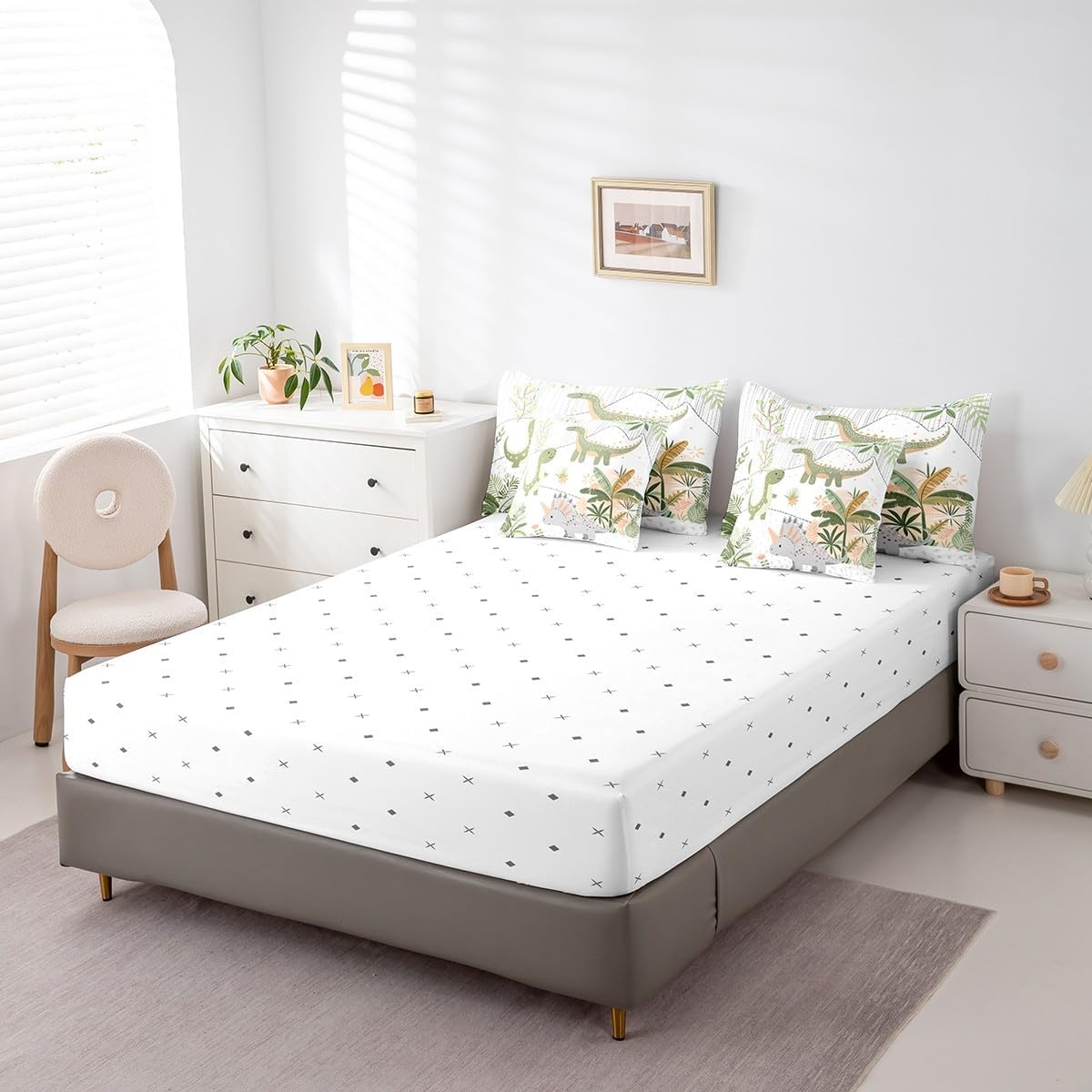 Feelyou Kids Cute Dinosaur 7 Piece Bedding Set Twin Size Cartoon Green Dinosaur Comforter Set with Sheets for Boys Girls Teens Cute Animal Bed in a Bag Coconut Plant Bed Set - Image 5