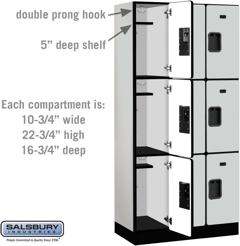 Salsbury Industries 3-Tier Designer Wood Locker with Three Wide Storage Units, 6-Feet High by 18-Inch Deep, Gray