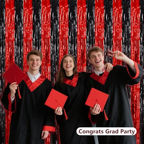 Image of BEISHIDA Red Black Door Streamers Backdrop Foil Fringe Tinsel Party Streamers Curtains Photo Backdrop - 2Pcs for Birthday Graduation Bachelorette Halloween New Year Party Decoations