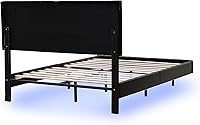 Vista 7 de Base de cama flotante tamaño matrimonial con luces LED y estación de carga USB, plataforma tapizada con cabecero, marco de cama LED moderno