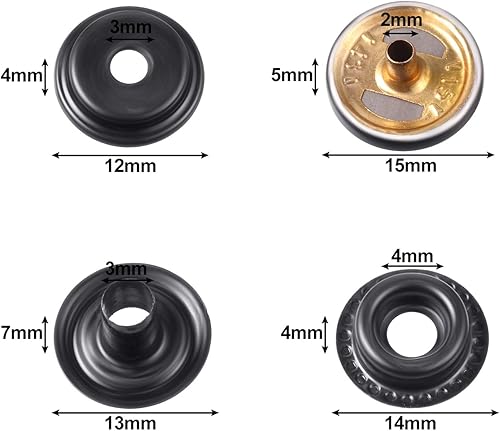 Miniatura 2 de 200 piezas de botón de presión de 0.59 pulgadas (0.591 in), botón de presión negro de grado marino con 4 piezas de herramientas de perforación para