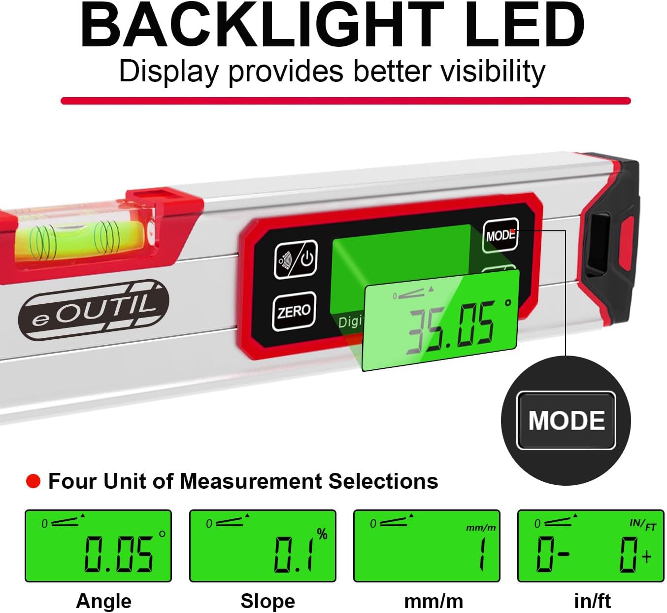 Digital Level and Protractor, 12 Inch IP54 Protected Electronic Bubble Inclinometer Angle Finder with Large LED Backlight and Magnetized V-Groove Base（Red）