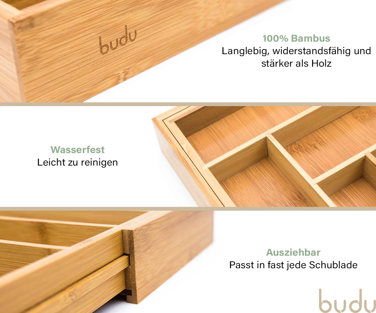 budu Besteckkasten für Schubladen #47 (Tiefe 47cm) aus Bambus - Ausziehbarer Besteckeinsatz - Schubladen Organizer Küche - Schubladeneinsatz - Kitchen drawer organizer