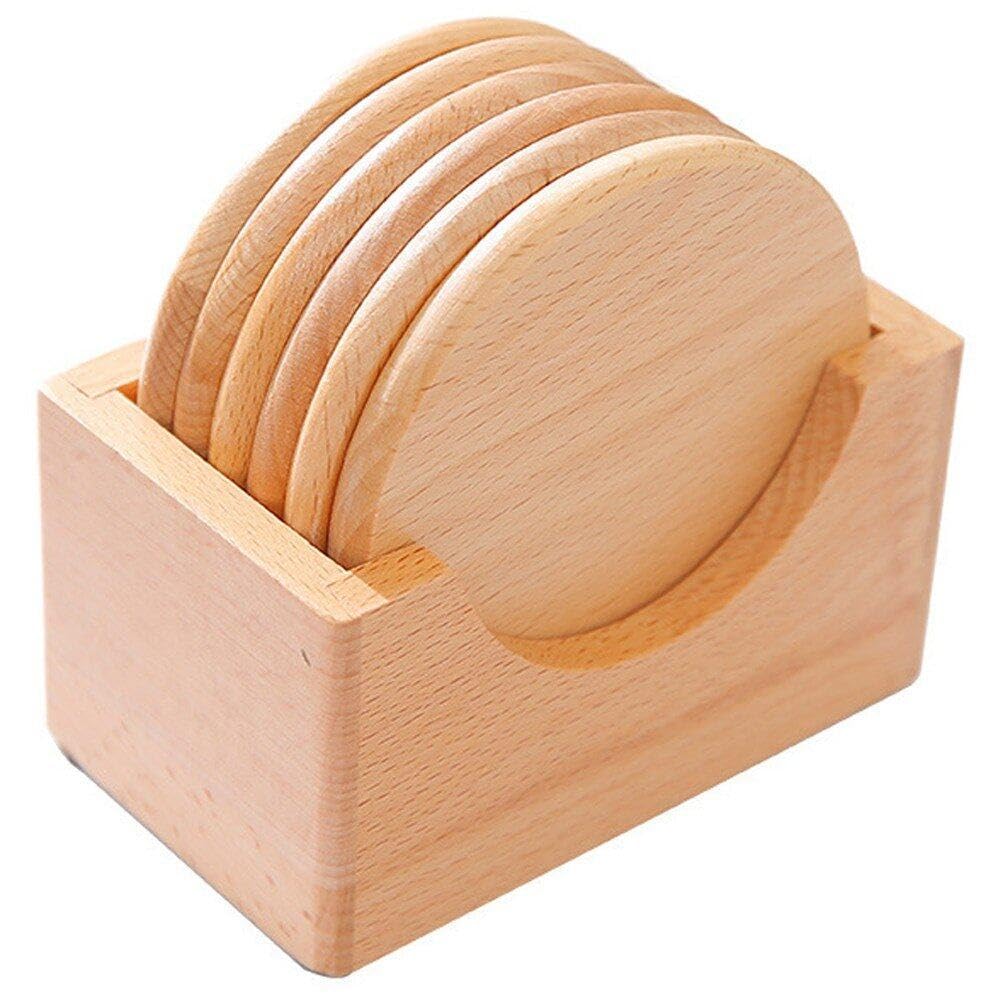 Dessous de verre en bois avec support | Lot de 6 sous-verres ronds en bois massif