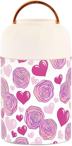 Pink Roses Hearts on White Valentines Kids Womens Insulated Food Jar with Spoon 17oz500ml Food Jar Insulated Stainless Steel Vacuum Food Warmer Food