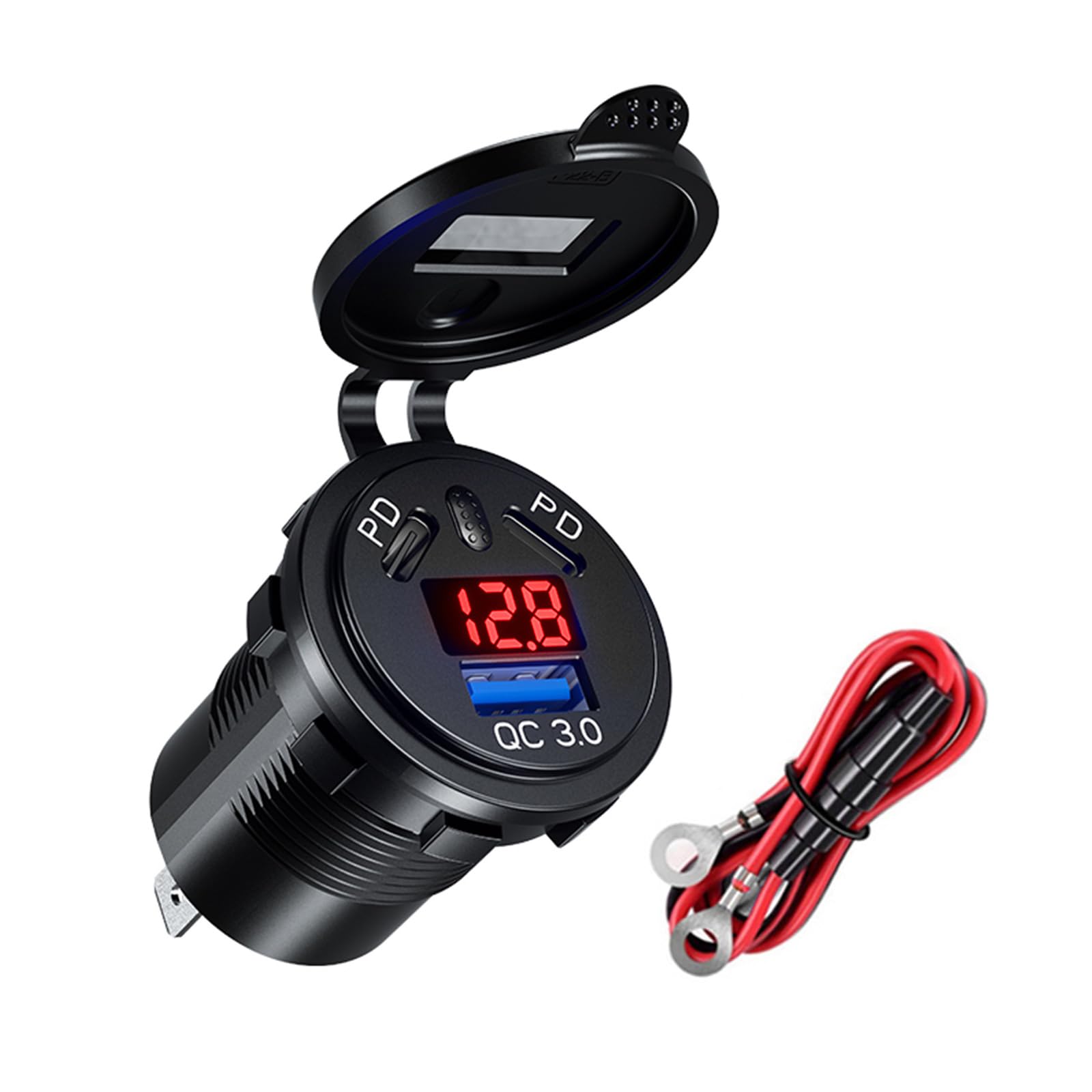Adaptador de carga USB C para coche, 45 W, tipo C, 18 W, USB, enchufe USB rápido para coche, impermeable, con voltímetro digital LED Swi