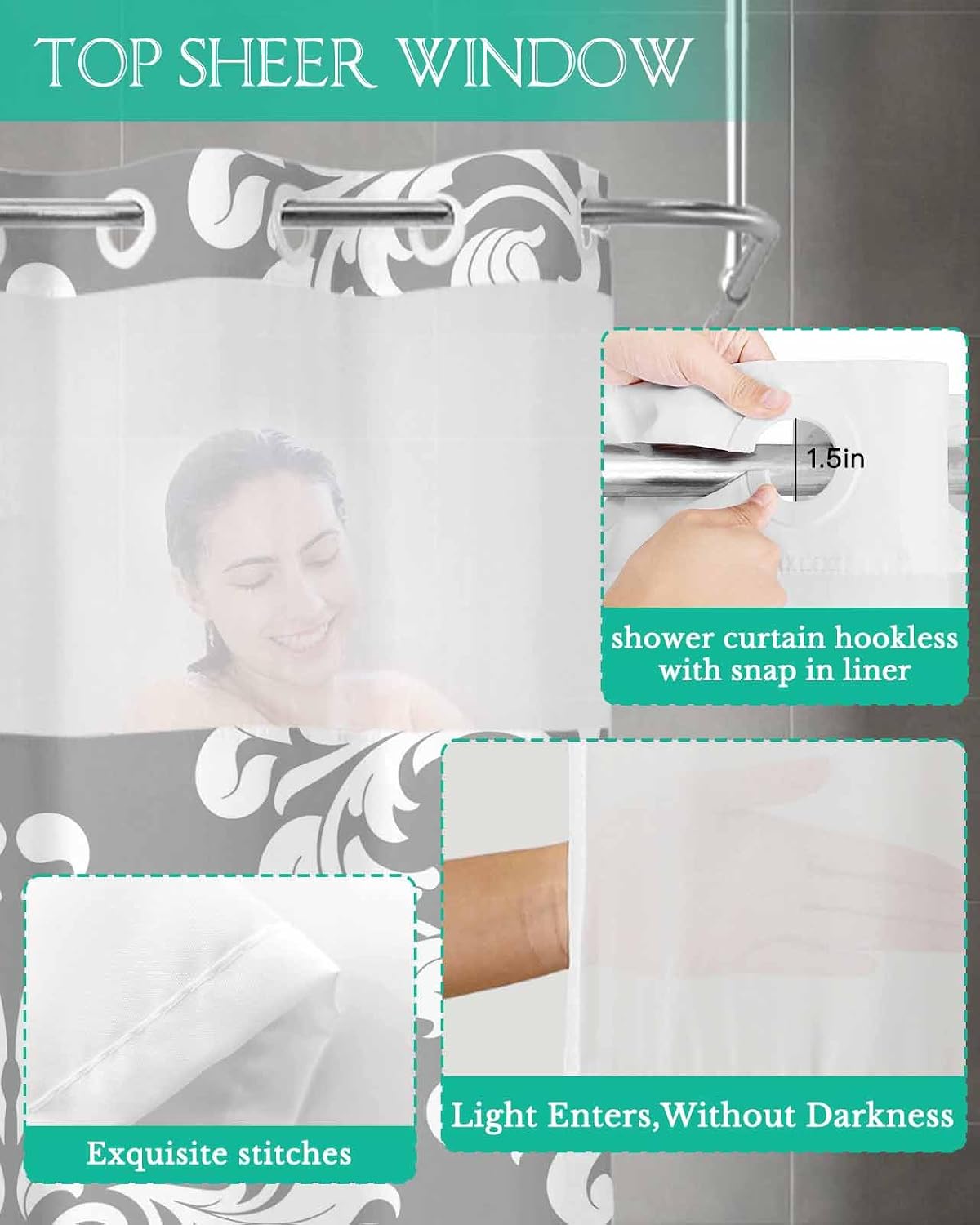 No Hook Shower Curtain and Snap in Liner Set, Baroque Grey Fabric Bathroom Shower Curtains 72x72 Inch, See Through Mesh Top Window, Vintage Damask Classic Floral Hotel Style, Washable Waterproof