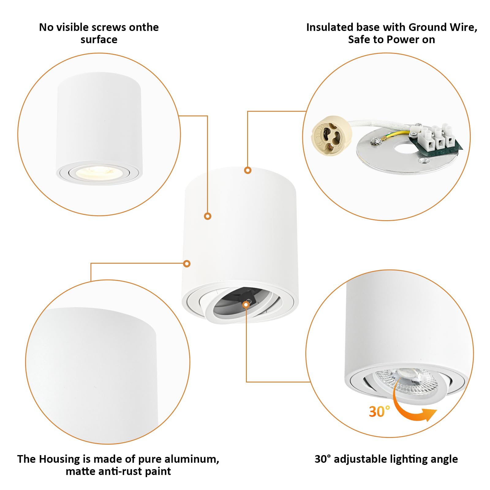 Spots de Plafond GU10 orientable Blanc 6 Pcs, Spot en Saillie 230V Cadre avec GU10 douille LED éclairage plat aluminium rond Ceiling Downlight, Plafonnier salle de bain