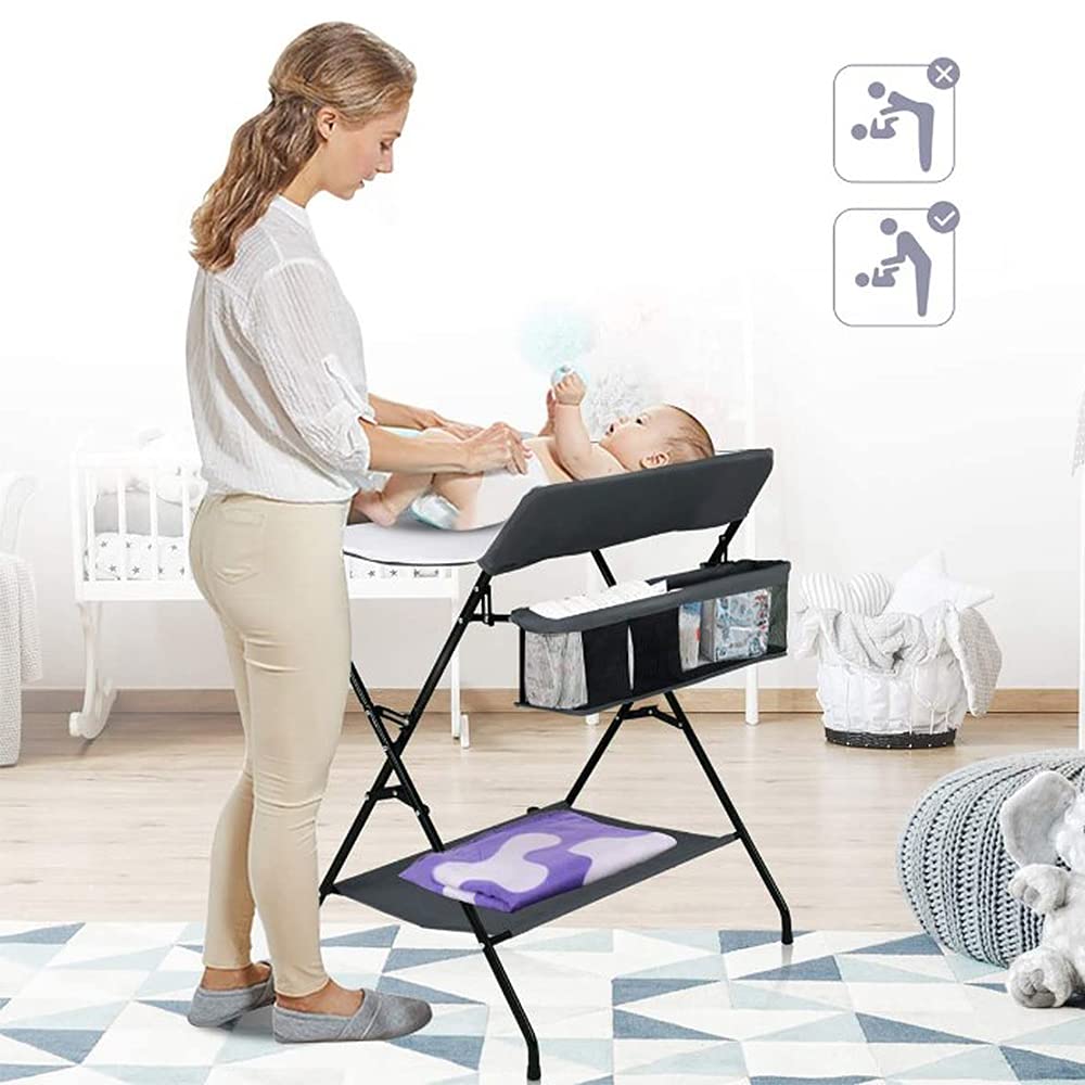 Table à Langer Pliante avec Panier de Rangement,Charge Max 25KG pour Nouveaux-Nés Design Ergonomique,Table à Langer Pliable et Portable,Ceinture de sécurité,Réglable en hauteur