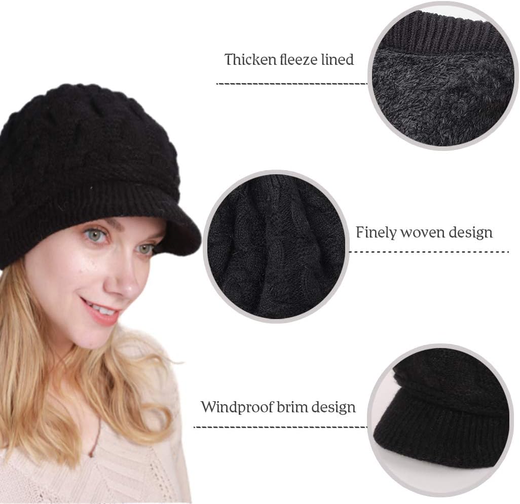 Blufly Winter Hats Cable Knitted Beanie Hat with Visor Beret Ribbed Ski Beanie Cap Slouchy Skull Hat Cap Headwear for Women and Girls (Black) - Image 3