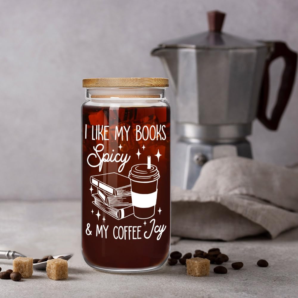 Enanaimg Spicy Book Lovers Gifts Mothers Day Reading Gifts for Book Lovers Women, Readers, Bookworm 16 oz Cute Glass Cups with Lids and Straws, I Like My Books Spicy & My Coffee Icy Bookish Gift