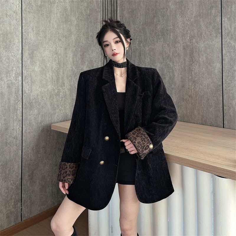 Women's Retro Sister Style High End Sunil Suit Jacket with Leopard Print Korean Loose top Patchwork3