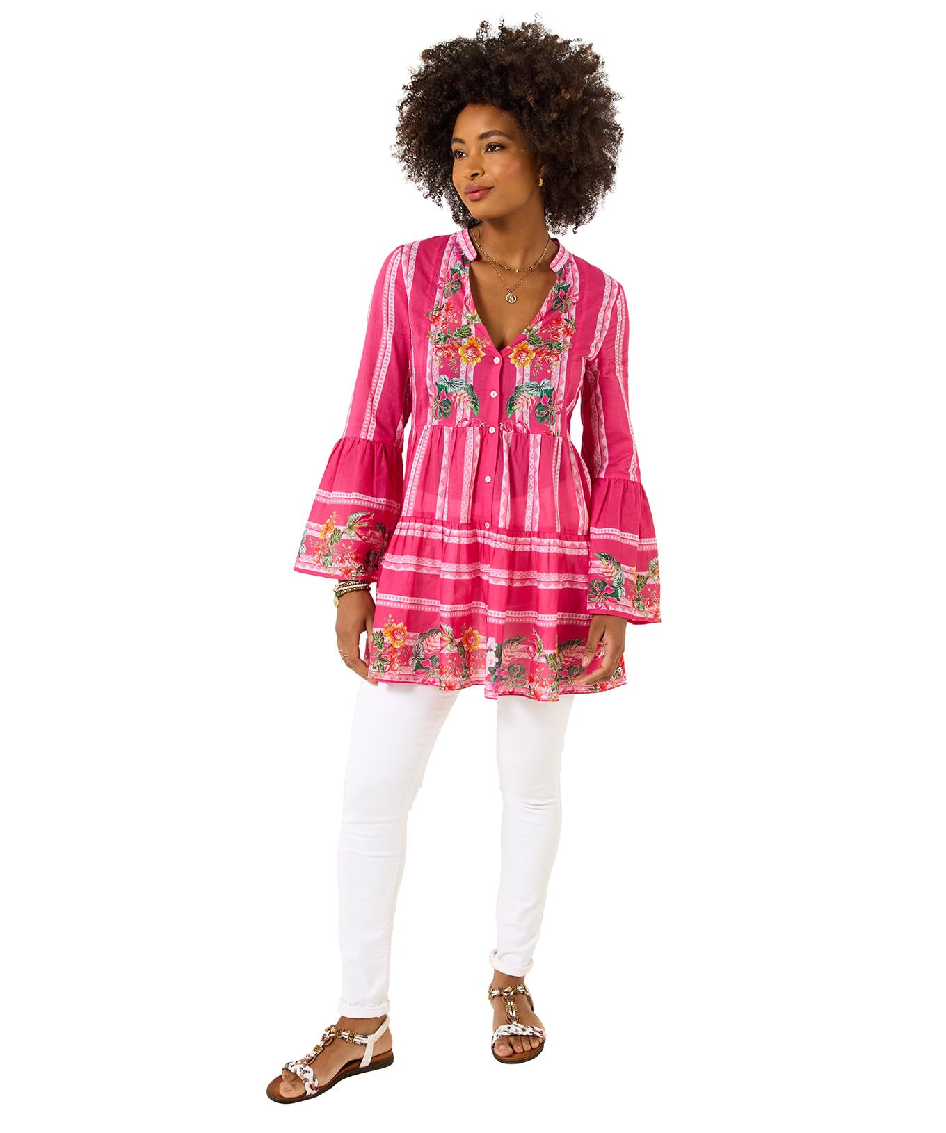 Joe Browns Women's Long Flared Sleeve Floral Cotton Tunic Dress, Relaxed, Pink, UK 18