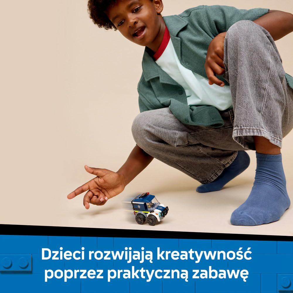 LEGO City Pojazdy — Ciężarówka policyjna, pojazd ratunkowy, zabawka dla dzieci z minifigurką małego policjanta, pomysł na prezent dla 5-latka na urodziny, klocki dla chłopca i dziewczynki 60481
