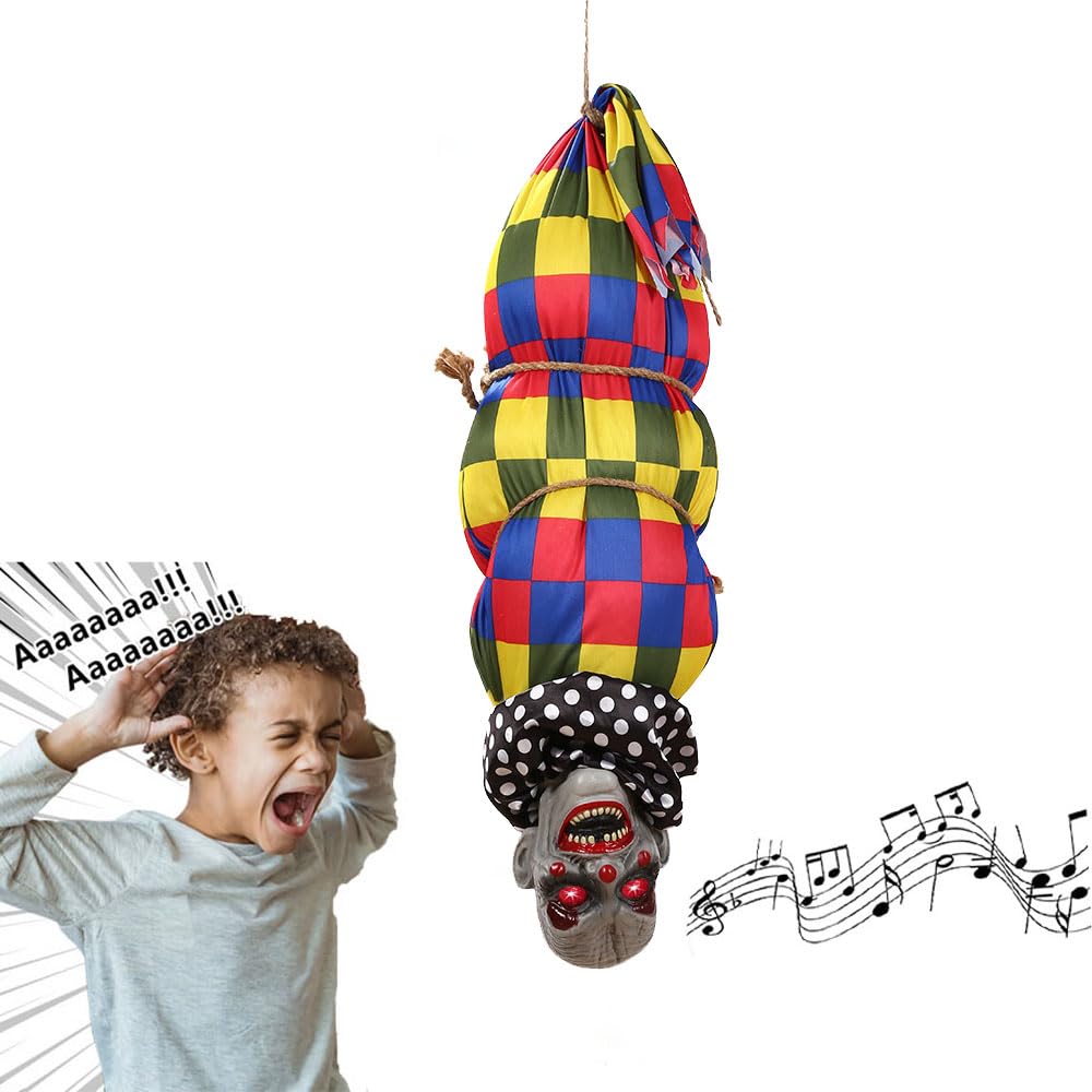 Cadavere animato da appendere per Halloween, alto 75 cm, con occhi a LED lu