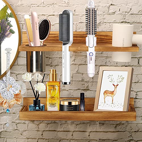 Hair Tool Organizer Wall Mount,2 Layer Rustic Blow Dryer Holder, Wooden Bathroom Organizer Storage shelf for Hair tools, Curling Iron, Hot Tools