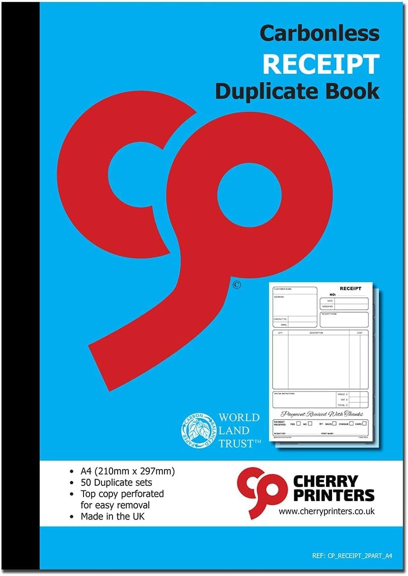 Cherry Carbonless Receipt Duplicate Book A4 | 50 Duplicate Sets | 2-Part NCR Perforated Top Copy for Easy Removal | Payment Received Forms | Made in the UK | 210mm x 297mm **2 Pack** — image 1