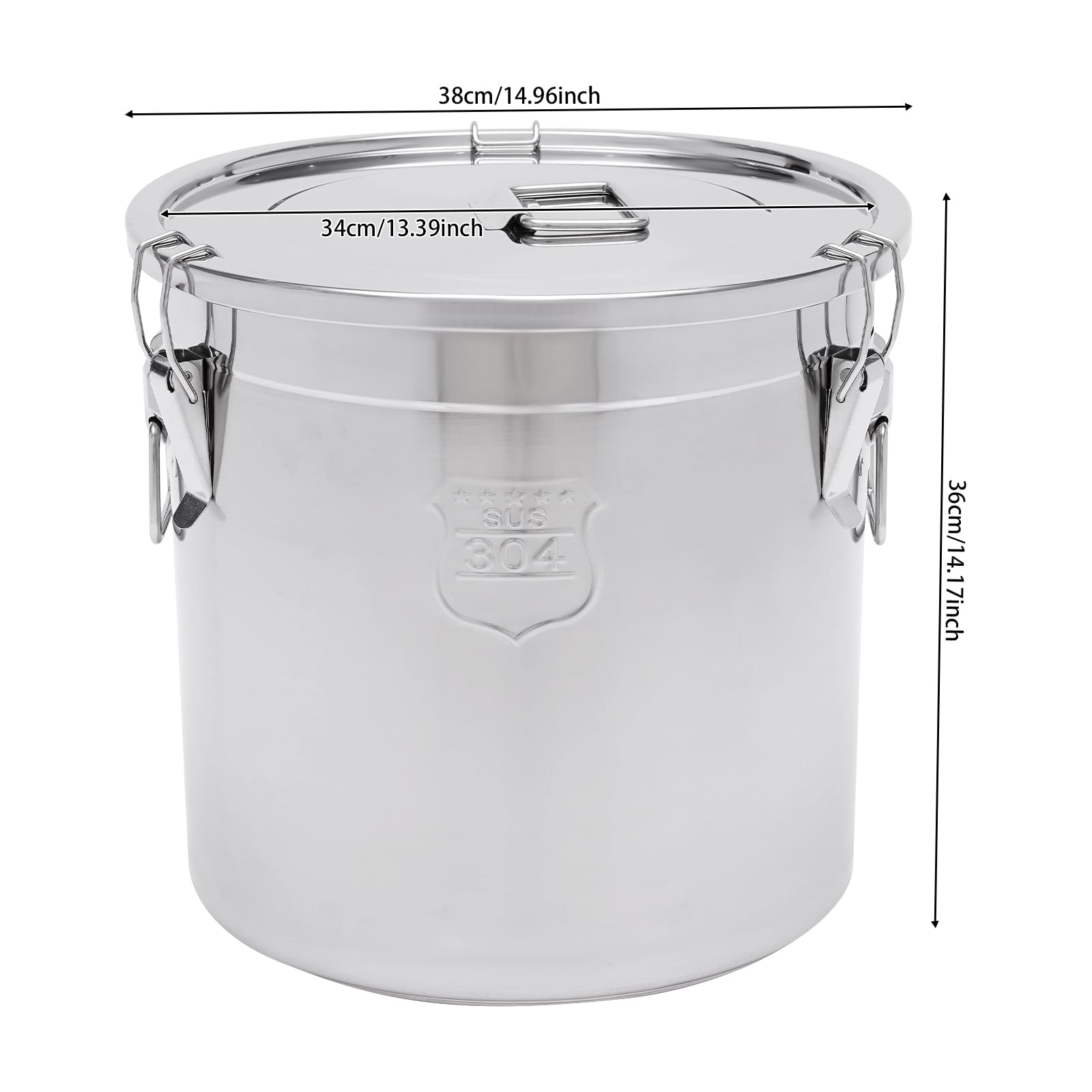 Contenitore ermetico in acciaio inox da 33 l, con coperchio e anello di tenuta in silicone, grande contenitore per alimenti, per riso, farina, cereali e tè, secchio in metallo per cucina e scorte