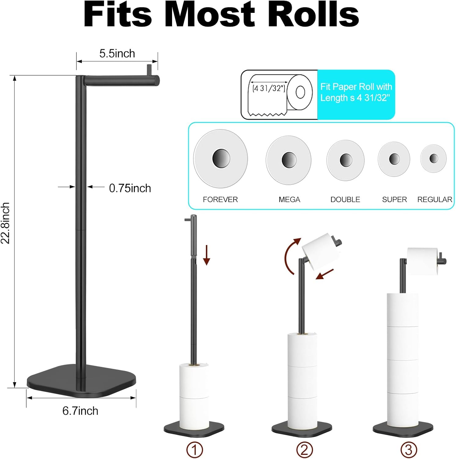 Toilet Paper Holder Stand,Freestanding Stainless Steel 5-Roll Toilet Tissue Paper with Bathroom Storage（Matte Black）