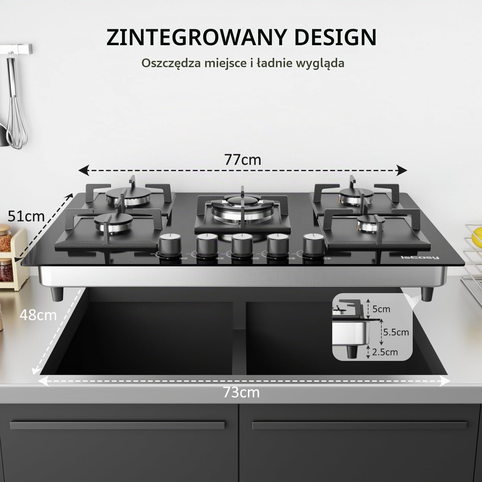 Kuchenka gazowa 5 palników, 77 cm szklana kuchenka gazowa z automatyczną ochroną przed płomieniem, gaz ziemny i propan, do zabudowy(73 * 48cm), 10500 W, 220-240 V