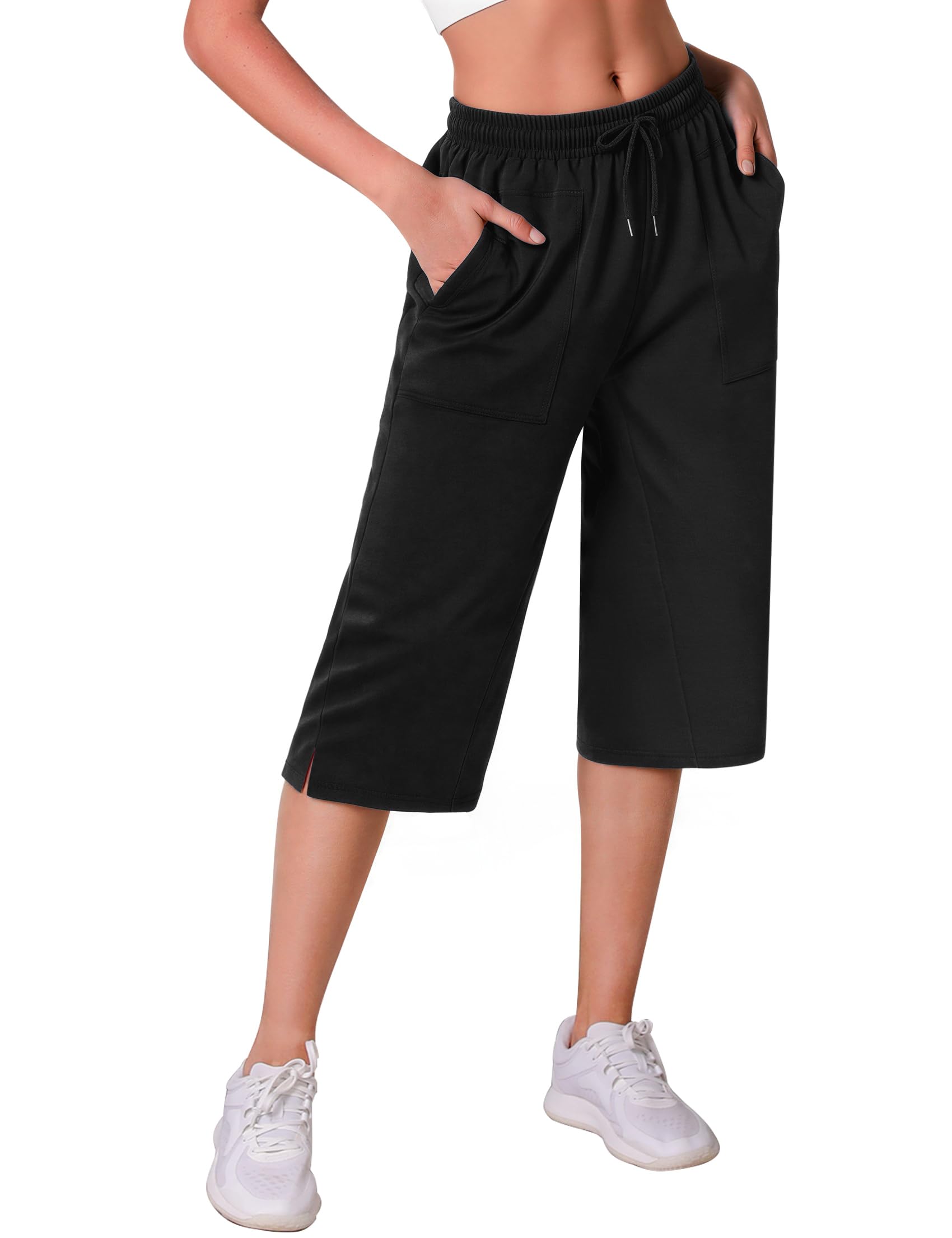 Crewhpo Jogginghose Damen 3/4 Lang Sporthose High Waist Freizeithose mit Taschen Einfarbige Hose Frauen Sweathose Trainingshose Yogahose für Sommer