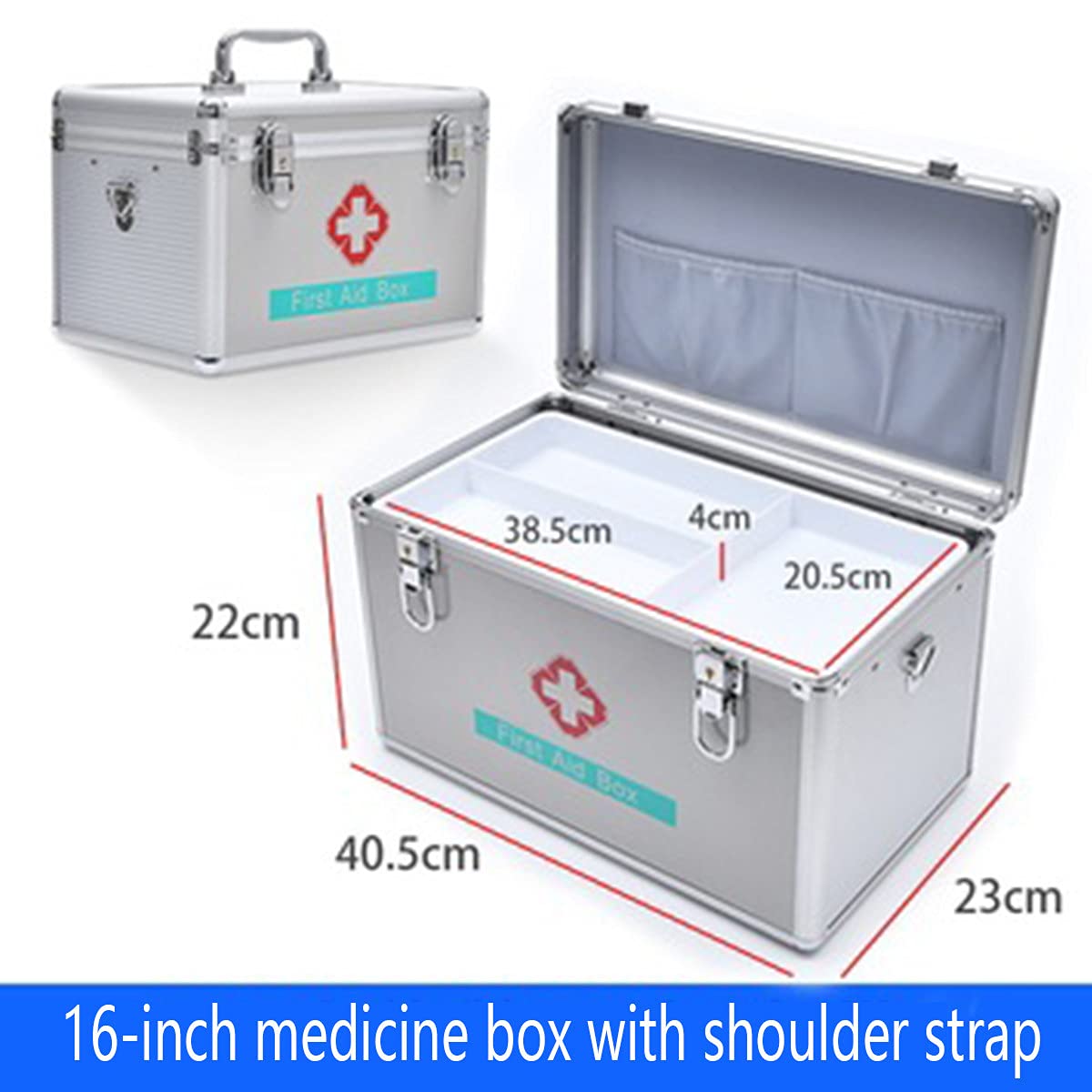 Botiquín de primeros auxilios portátil, botiquín emergencia for acampar, contiene bandeja extraíble, caja multifuncional for kit familiar con asa, plateado, 14 pulgadas(16in)