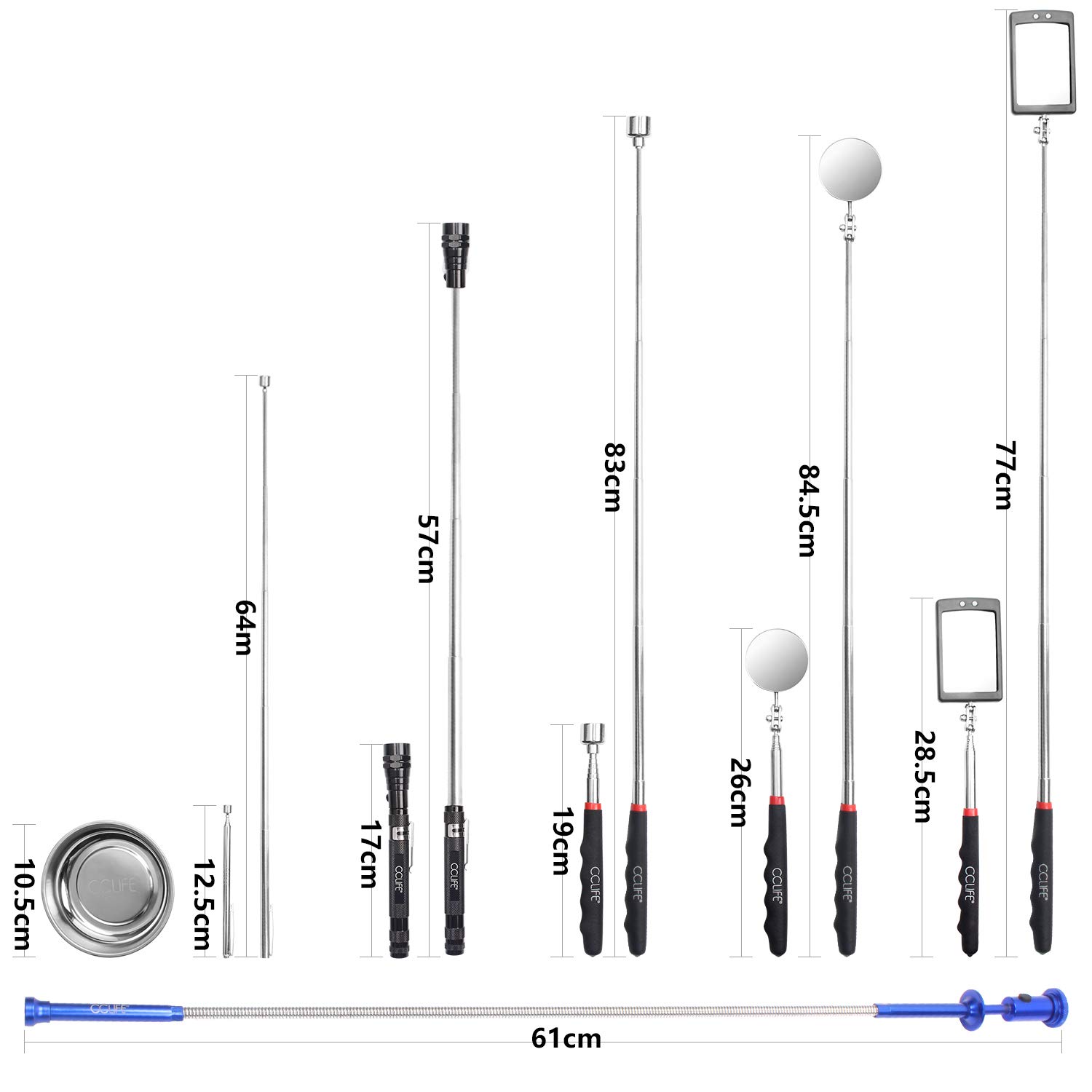 CCLIFE Kit de 7 pièces aimant telescopique - miroir telescopique mecanique LED