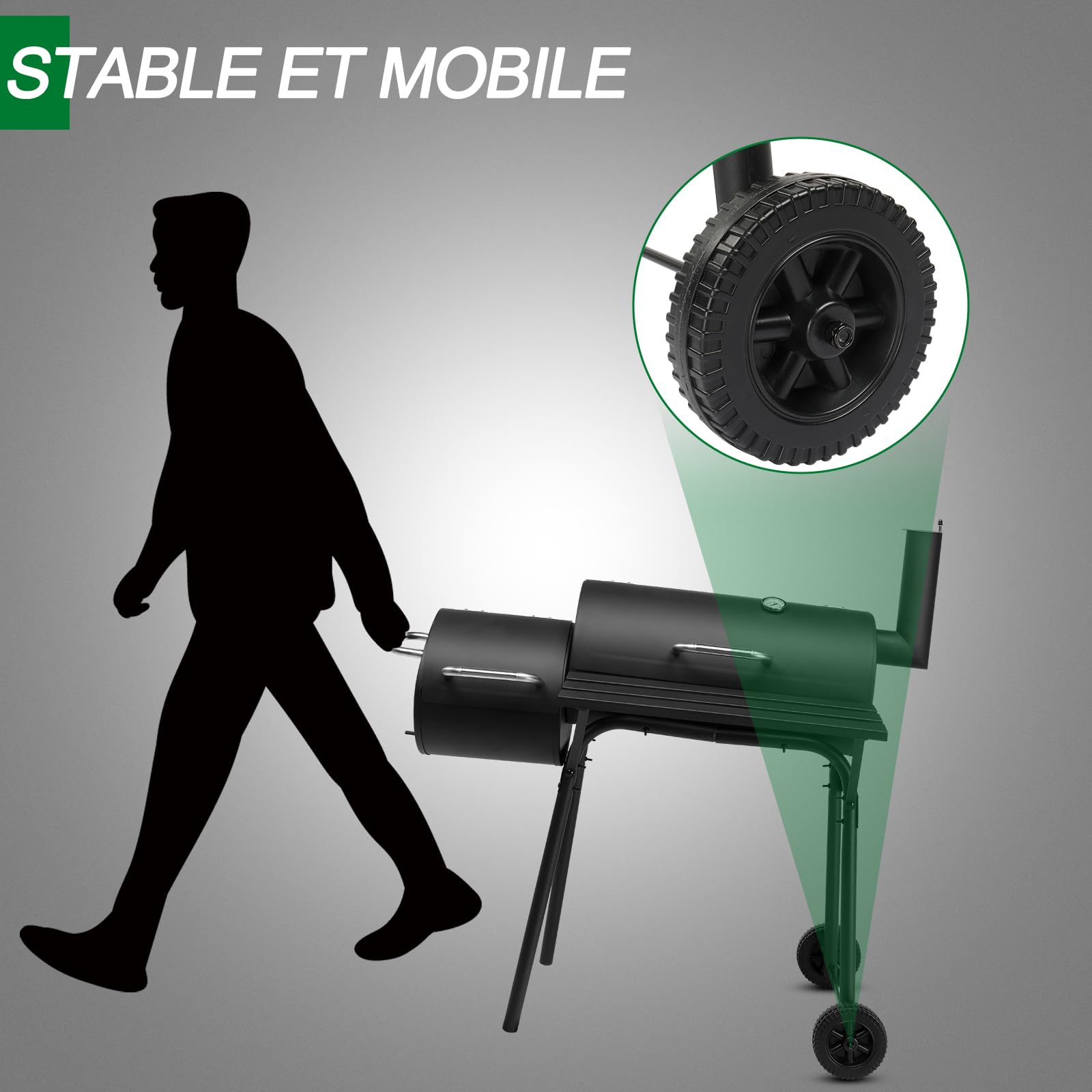 LEADZM Barbecue Charbon de Bois avec grande grille de cuisson–Double foyer，Chariot de barbecue mobile haut de gamme - Fumoir en métal pour jardin et terrasse, 111x54x93 cm