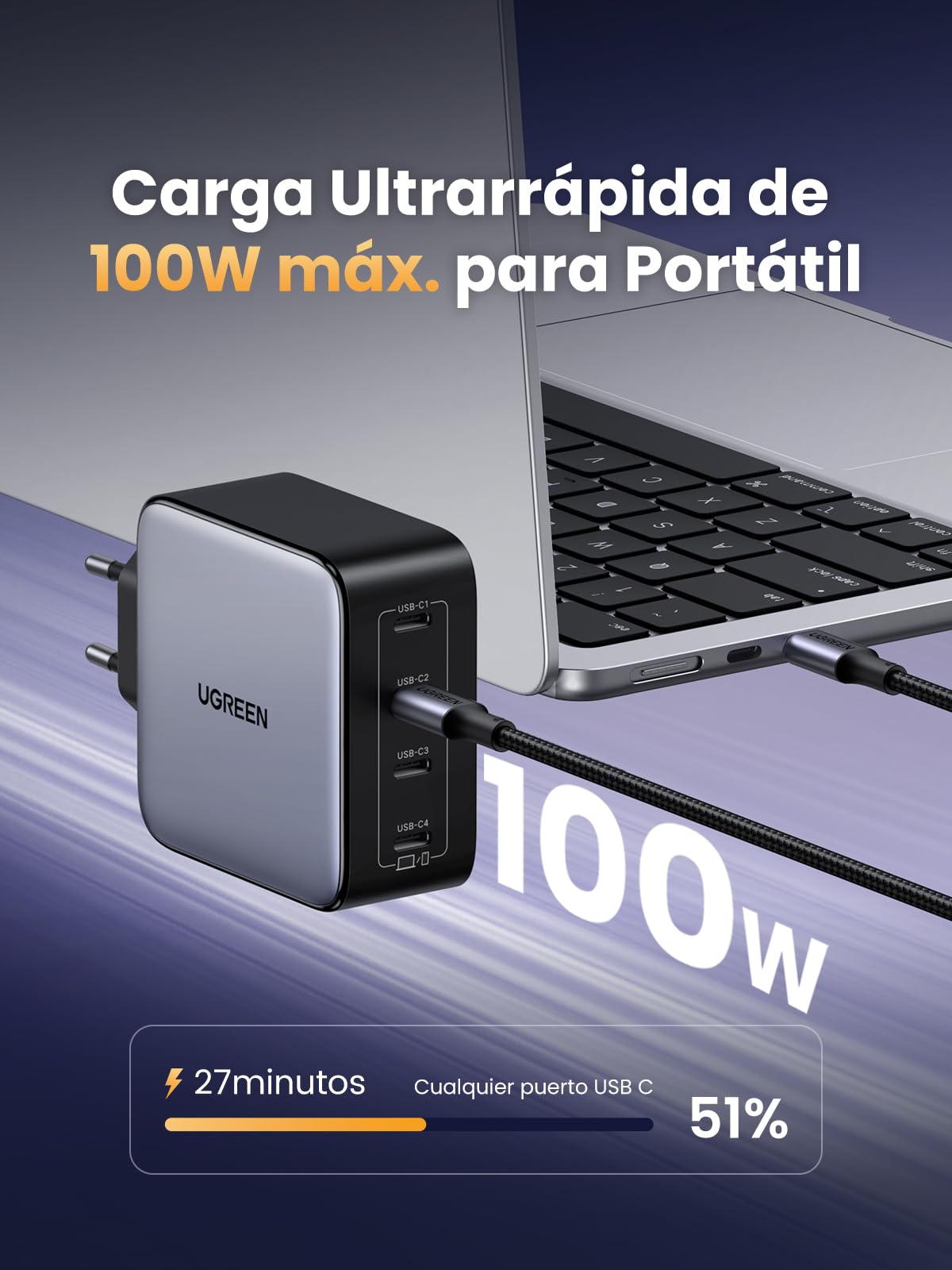UGREEN Nexode 100W Cargador USB C Adaptador de Corriente Múltiple GAN | 4 Puertos PD 3.0 PPS 45W Compatible con MacBook Pro iPad iPhone 17 Pro MAX Air 16 15 Galaxy S26 Pixel 10