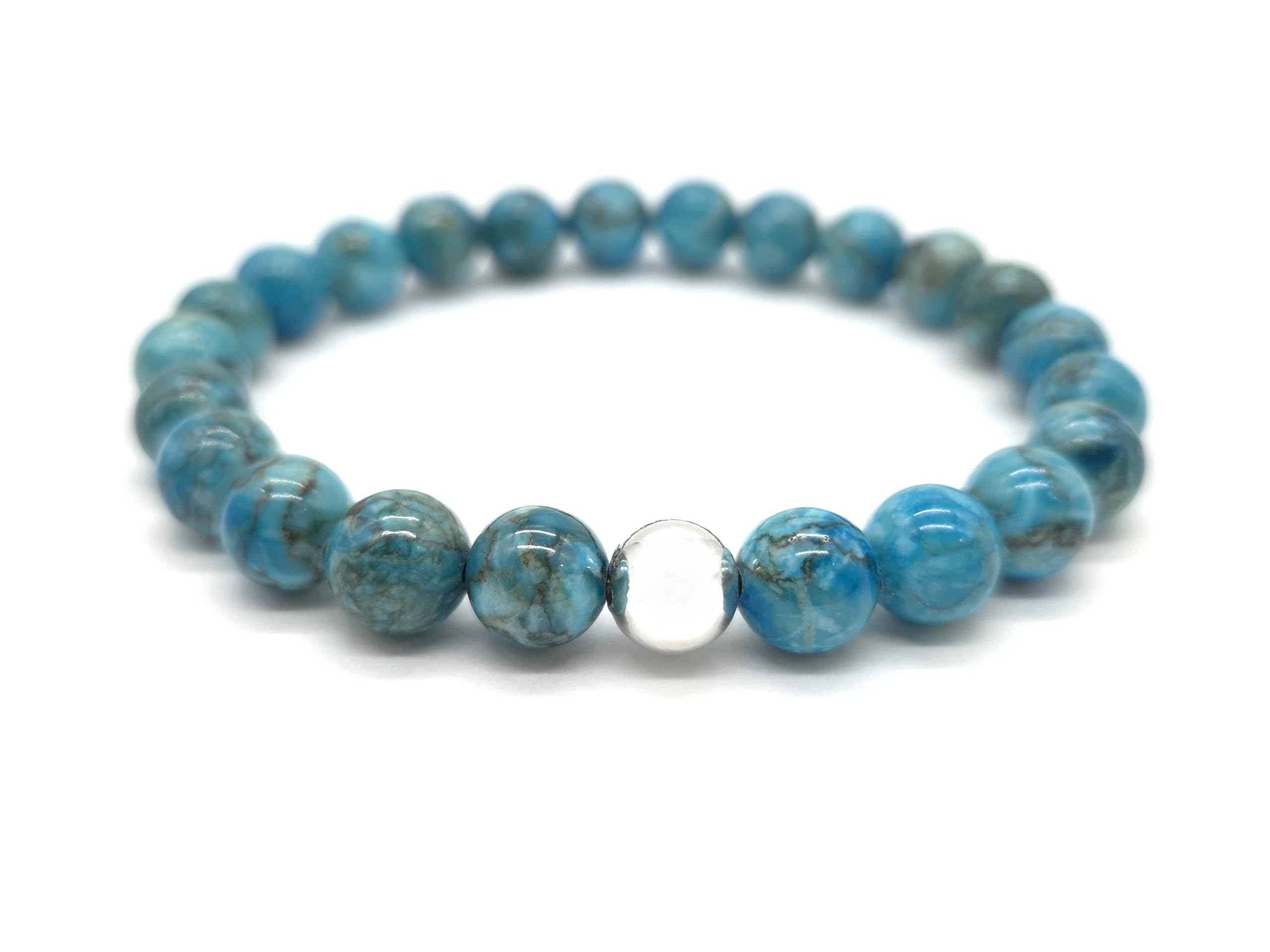 Nahle | Naturstein mit 925 Silberperle Armband | Naturstein Stretch- Armband | handgemachtes Perlenarmband | mit edler Schmuckschachtel (Türkis Blau, 23cm)