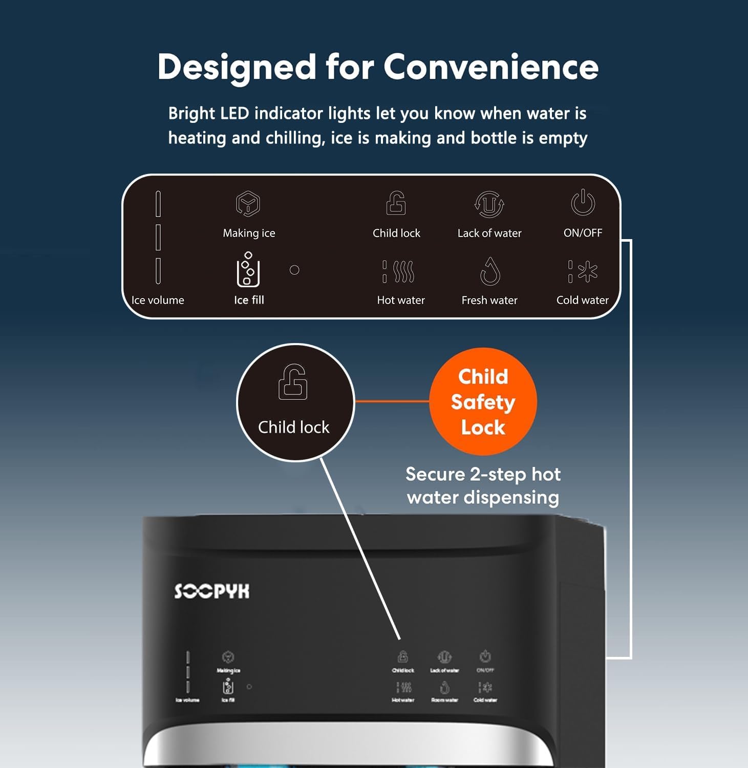 Child safety lock feature on water dispenser