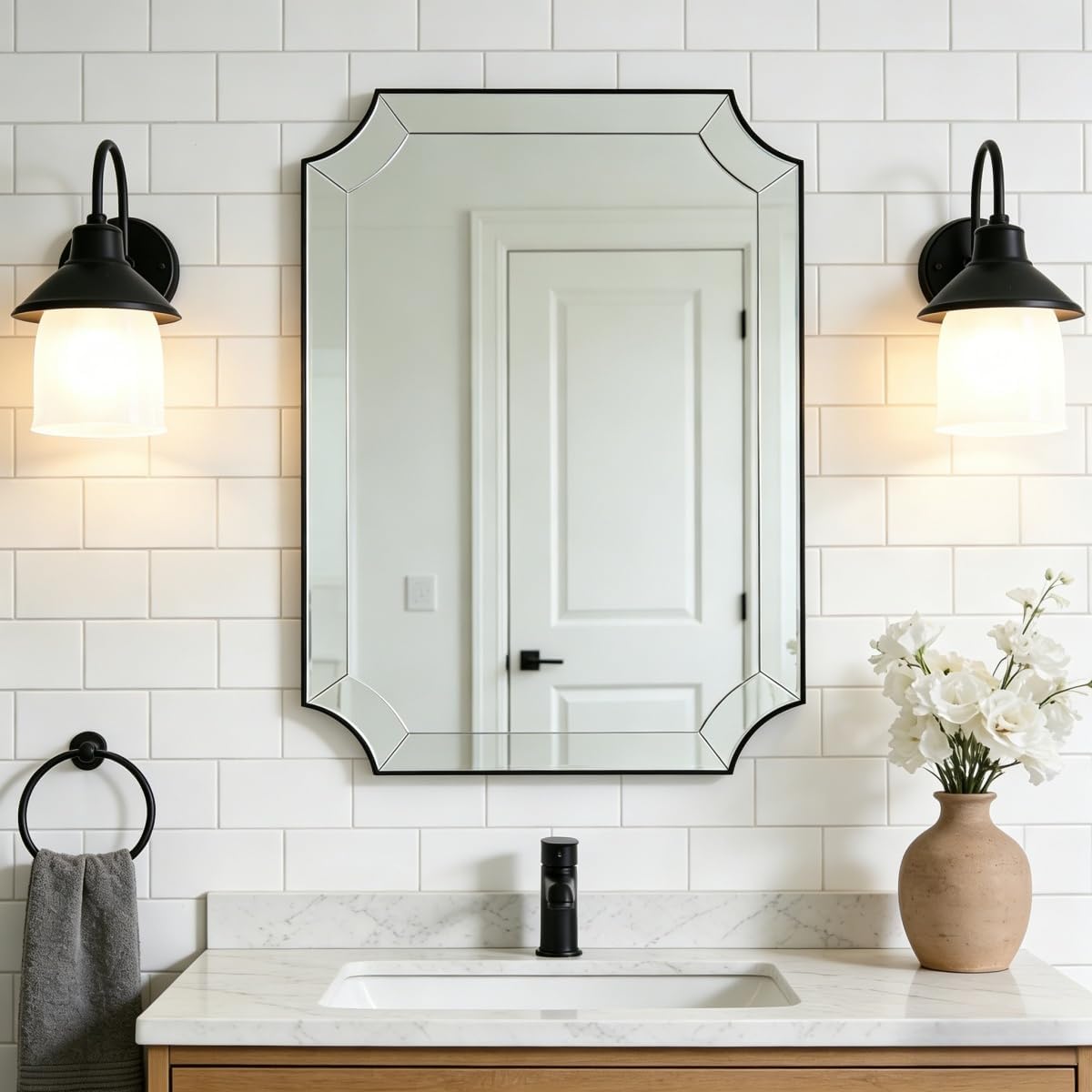 MOON MIRROR 24x36 Scalloped Bathroom Mirror, Black Rectangle Wall Mirror with Scallop Edge, Anti-Rust Curved Wall Mirror, Unique Design Ideal for Bathroom Remodel, Wall Mounted Horizontal & Vertical