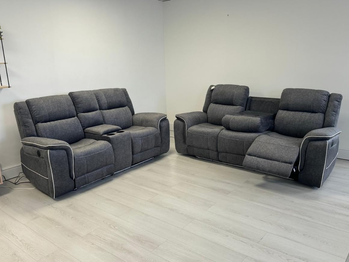 3+2 Electric Recliner Sofa Set with LED Lighting, Fabric Upholstery, Power Recline, USB Charging, Cup Holders, Grey