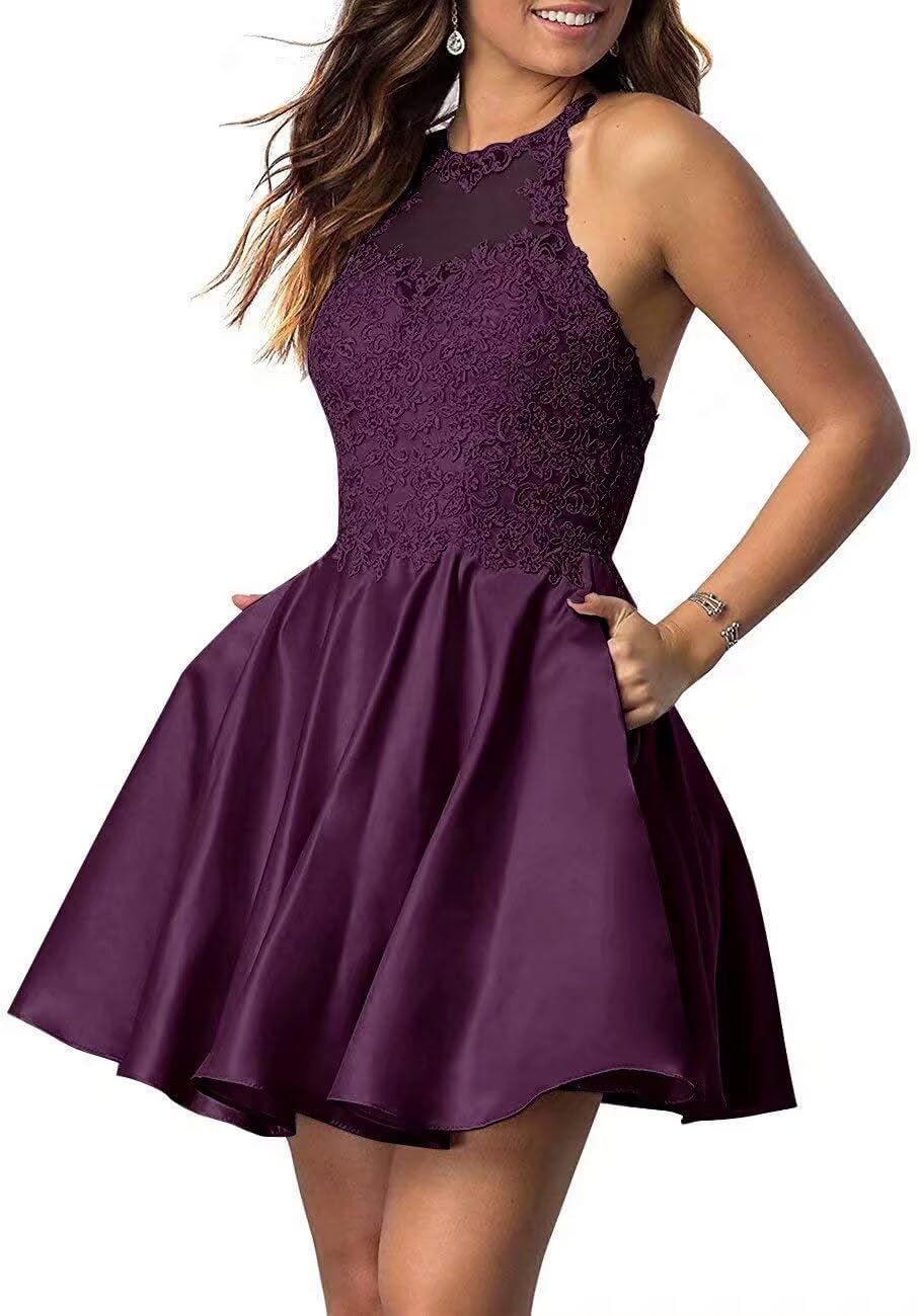 Tvuyet Lace-Applique Short Homecoming Dresses for Women with Pockets Satin Beaded Prom Cocktail Dress for Teens