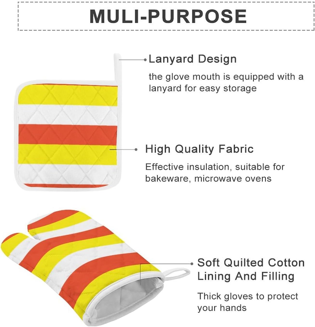 White Orange & Yellow Candy Stripes Oven Mitts and Pot Holders, 4PCS Heat Resistant Oven Mitts Glove Sets Kitchen Microwave Anti-Scald Pot Holders for Baking Cooking