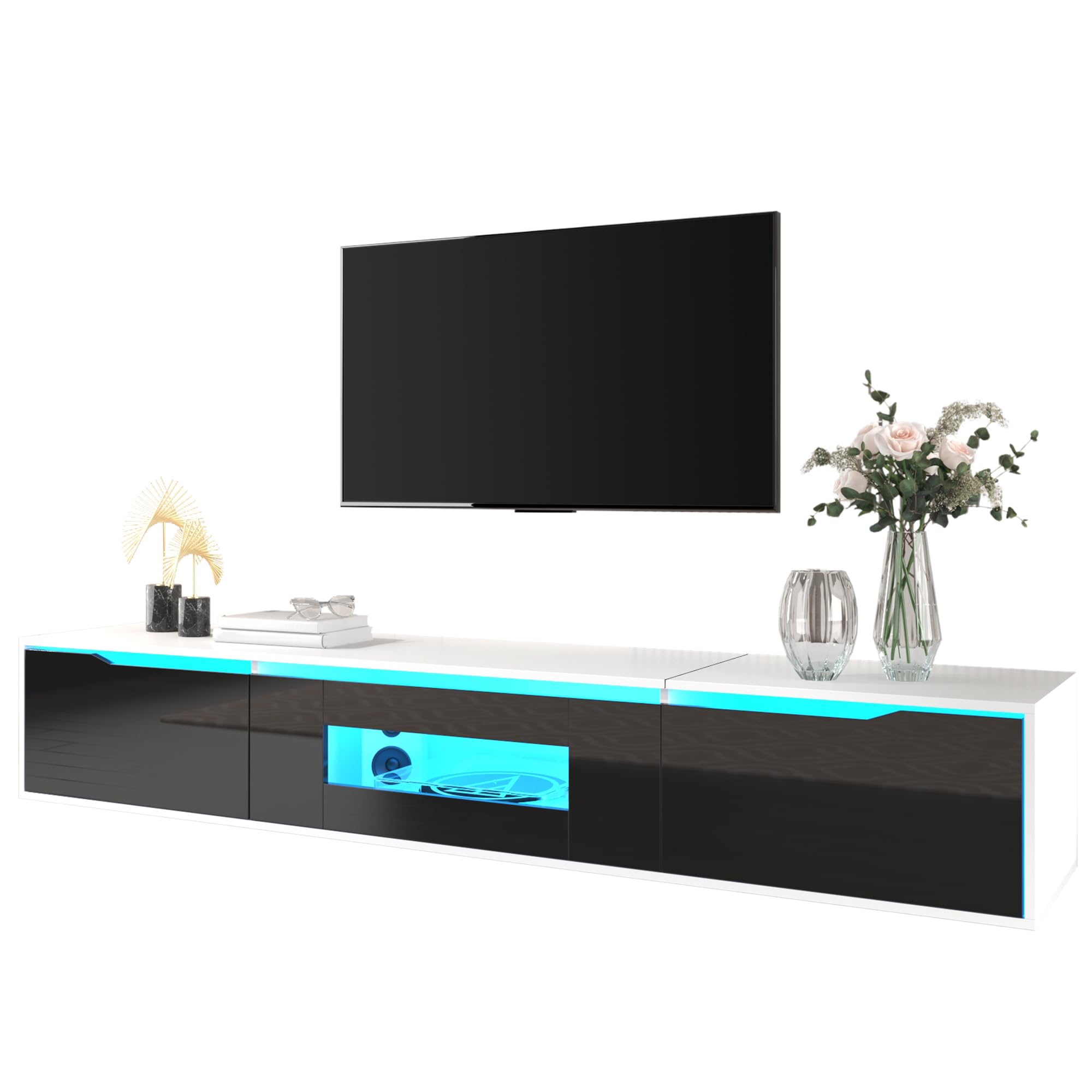 Azkoeesy Mobile TV lucido con illuminazione a LED, lunghezza 180 cm, in piedi o sospeso, con 3 ante (bianco/nero)