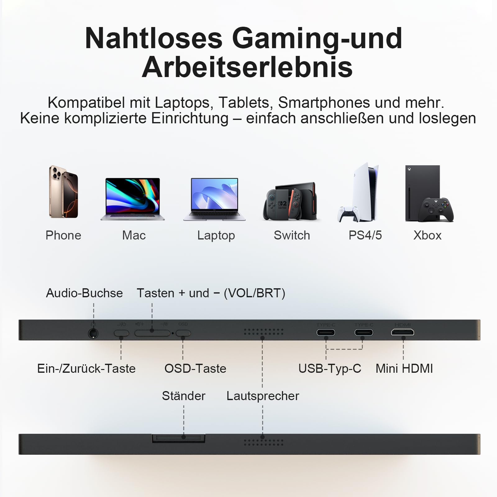 Portable Monitor 15,6 Zoll FHD Tragbarer Monitore Mobiler Bildschirm | IPS HDR mit Lautsprecher USB-C HDMI Einer Stütze für PC Phone Mac Laptop Erweiterung Externer Screen für Arbeit Reisen Gaming