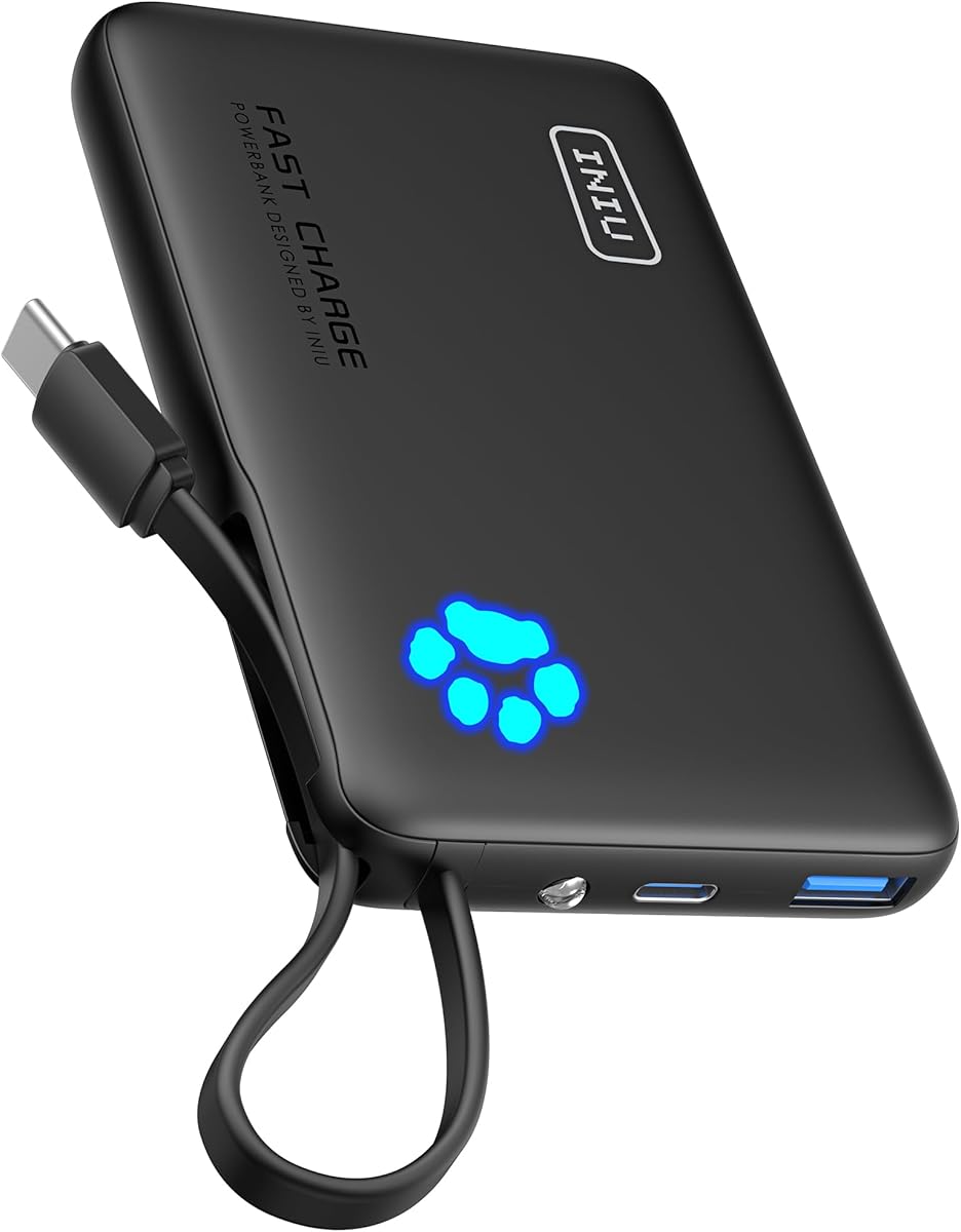 INIU 45W Portable Charger, 10000mAh Power Bank with Built in USB C Cable, Small USB C in&Out Fast Charging Powerbank, Phone Charger Battery Pack for iPhone 17 16 15 Pro iPad Samsung S25 S24 Google etc