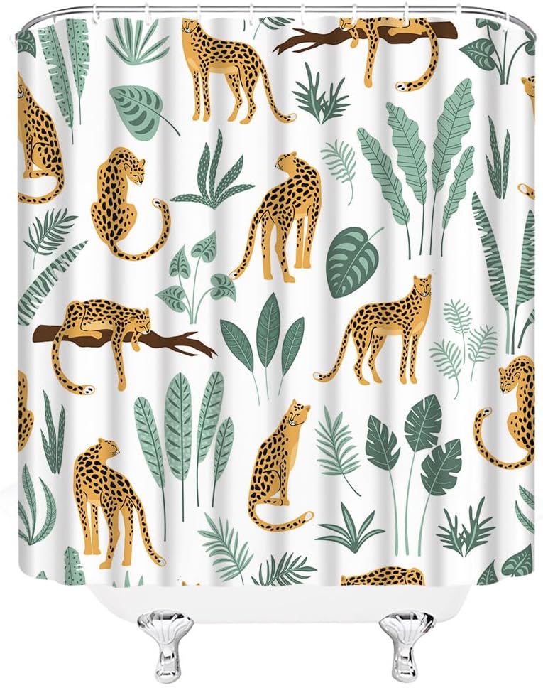 Leopard Shower Curtain Cheetah Tropical Palm Leaf Jungle Rainforest Wildlife Animal Asian White Home Fabric Bathroom Decor Set Include Hooks,(78" Wx70 H)
