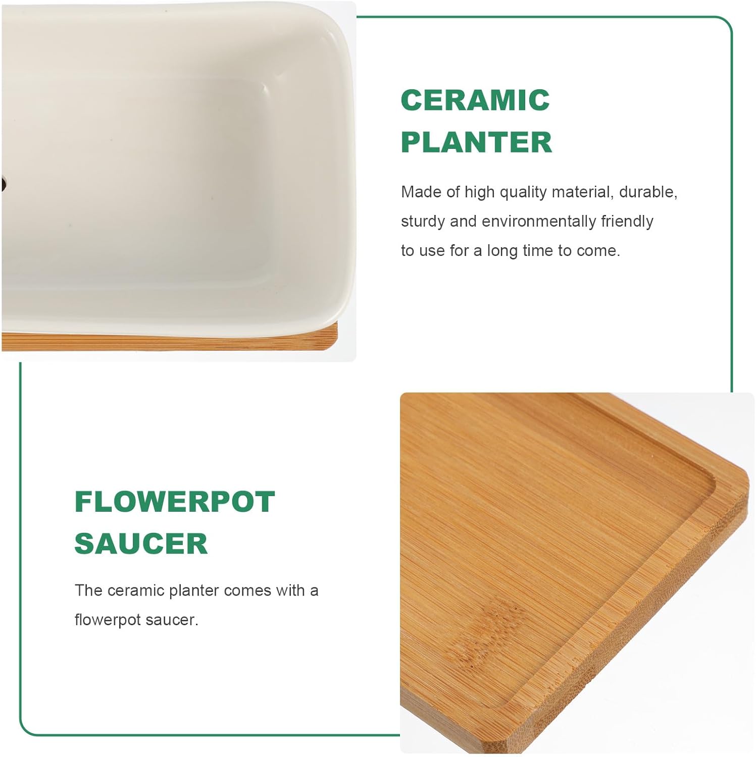 Succulent Ceramic Flower Pot Set with Tray, Rectangular White Porcelain Planters with Base, Indoor Desktop Planter for Home and Office Decoration