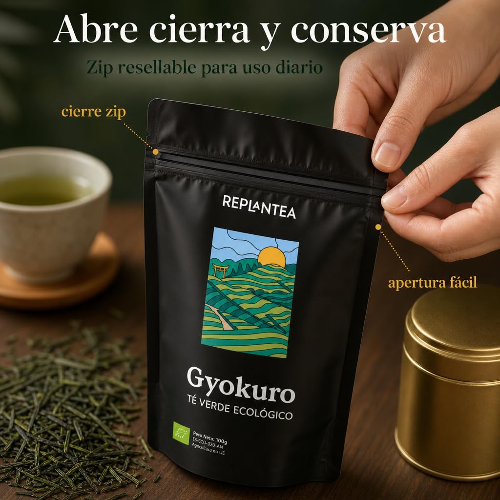 TÉ VERDE GYOKURO JAPONÉS Ecológico 100g (50 Tazas) | Té Gyokuro Premium de Hoja Suelta | Té de Especialidad REPLANTEA