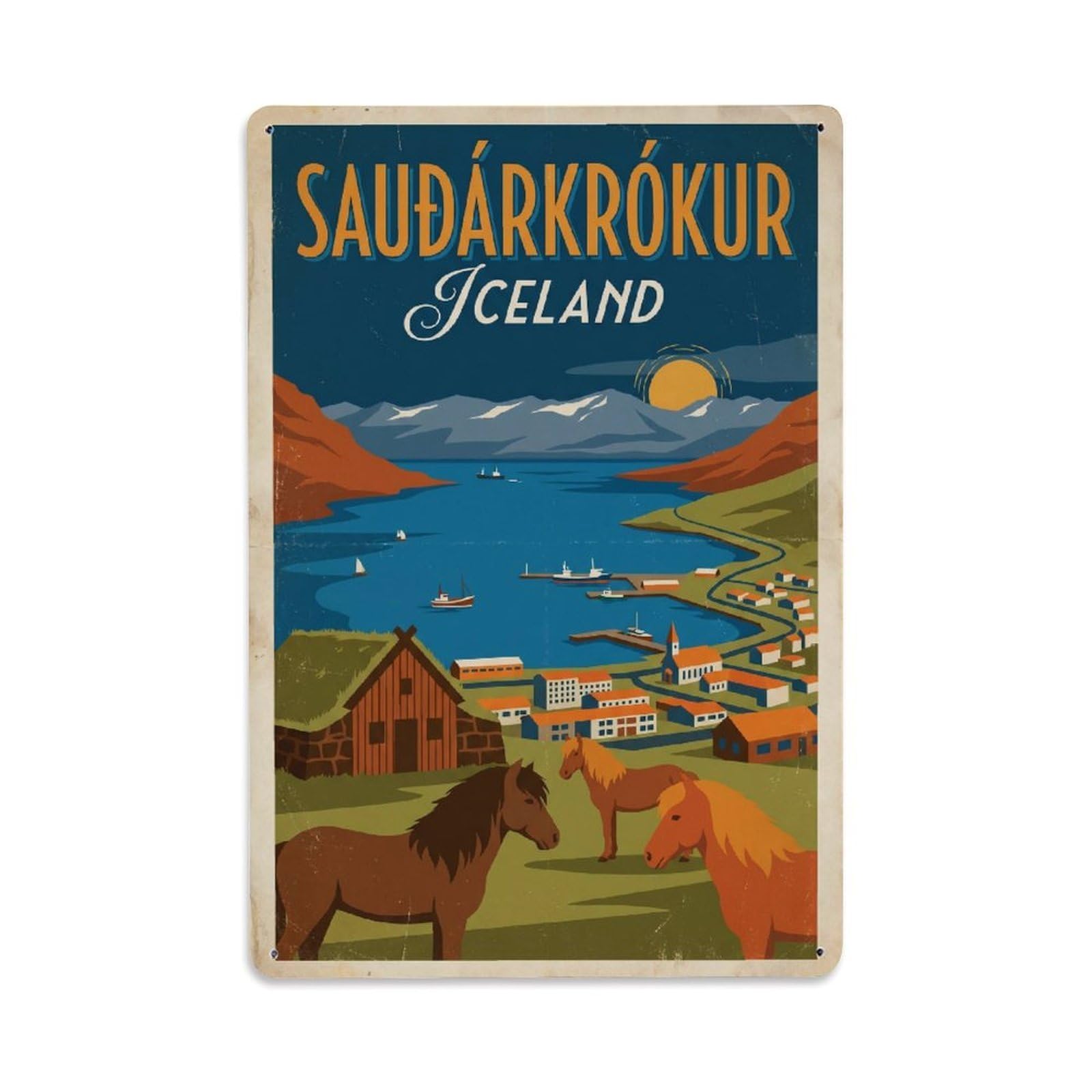Este 8X12inch Style Vintage Travel Saudarkrokur Iceland Town Metal Tin Sign