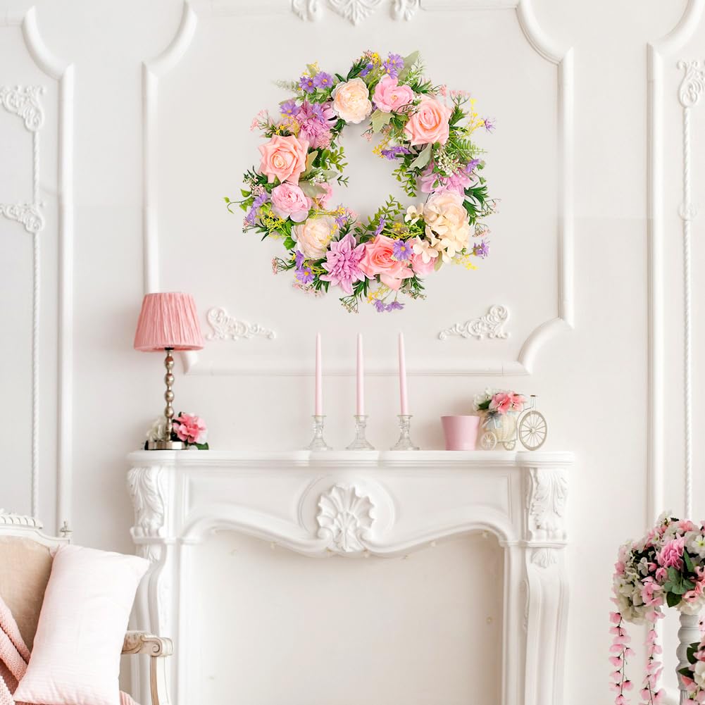 Couronne de printemps de pivoine pour porte d'entrée d'été à l'extérieur, couronnes de roses artificielles de 45,7 cm, couronne de feuilles de verdure pour toutes les saisons, décoration murale