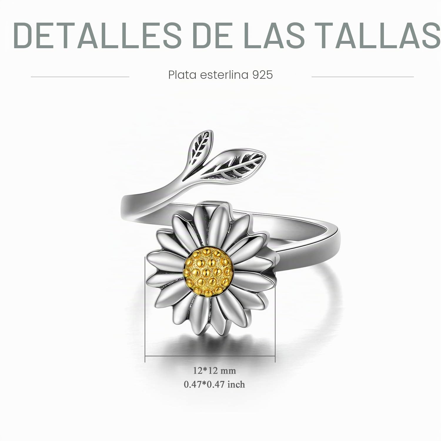 LONAGO Anillo de plata de ley 925 con diseño de girasol, diseño de margaritas de girasol, anillo abierto ajustable para mujer
