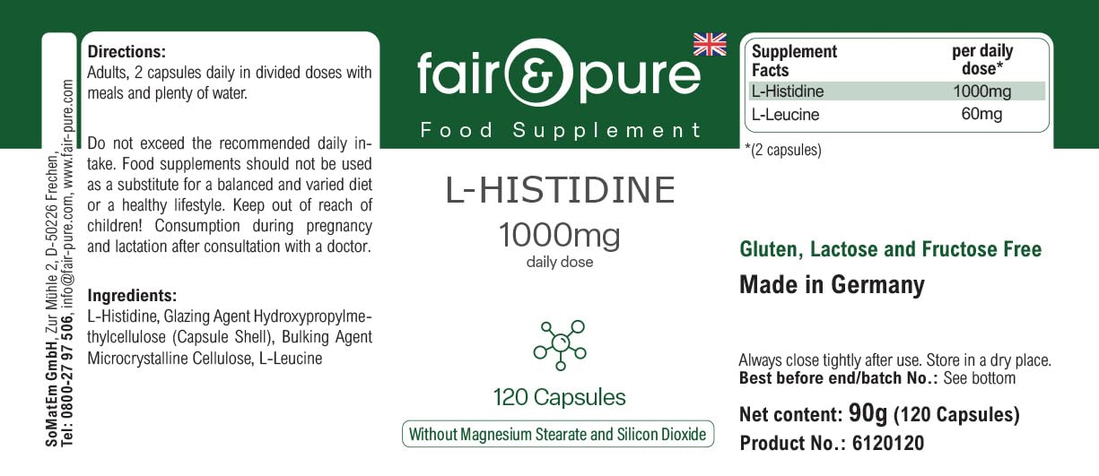 Fair & Pure L-Histidin 1000mg, 120 Kapseln, Aminosäure, veganes Nahrungsergänzungsmittel ohne Zusätze, in Deutschland hergestellt (Packung mit 2)