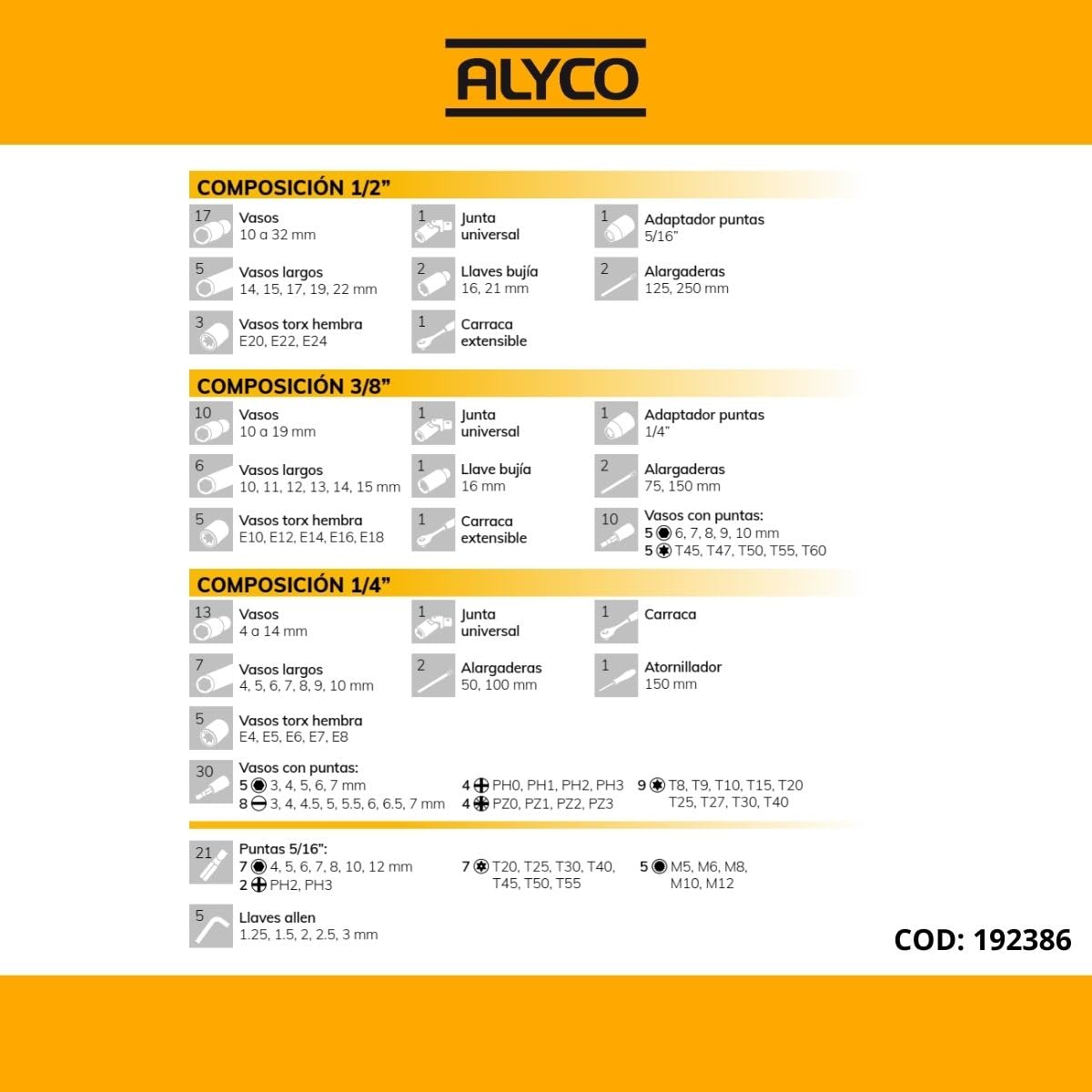 Alyco - Juego de Llaves de Vaso y Accesorios, 155 Piezas, 1/2" - 1/4" - 3/8" - 192386