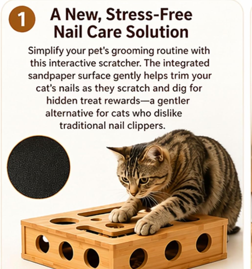 Cat Claw Saver, Cat Nail File Scratcher, Cats Nail File Box, Interactive Enrichment Box with Sandpaper, with Interactive Maze, Bell Ball & Toy Wand (1Set(Includes Sandpaper))