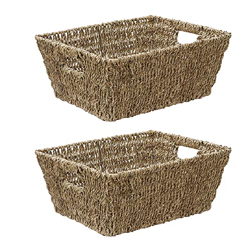 Image of JVL Large Hand Woven Seagrass Rectangular Storage Basket, H:16 x W:38 x D:29cm, Capacity:14L, Set of 2