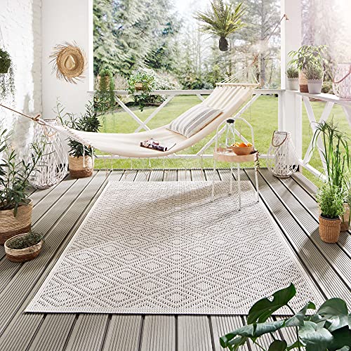 Steffensmeier Indoor Outdoor Teppich Norrland Garten Flur Balkon, wasserfest, strapazierfähig und pflegeleicht, Raute Beige Sand, Größe: 80x150 cm