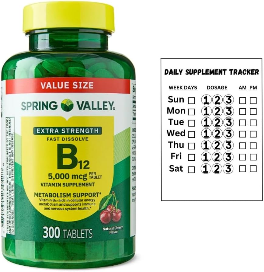 Vitamin B12 Supplement Extra Strength, 5000 mcg, 300 Count, Cherry, Fast Dissolve Tablets for Metabolism Support + Daily Supplement Tracker Sticker